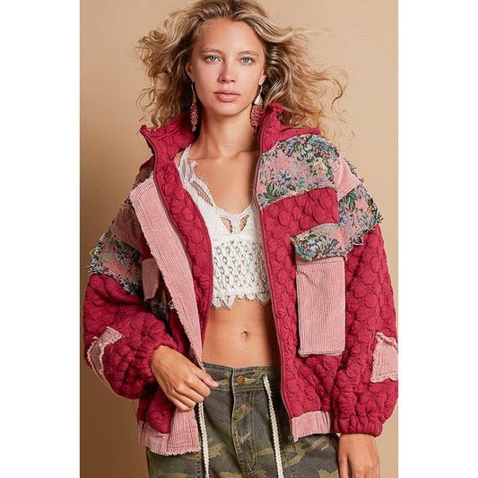 Oversize floral print contrast qulited jacket