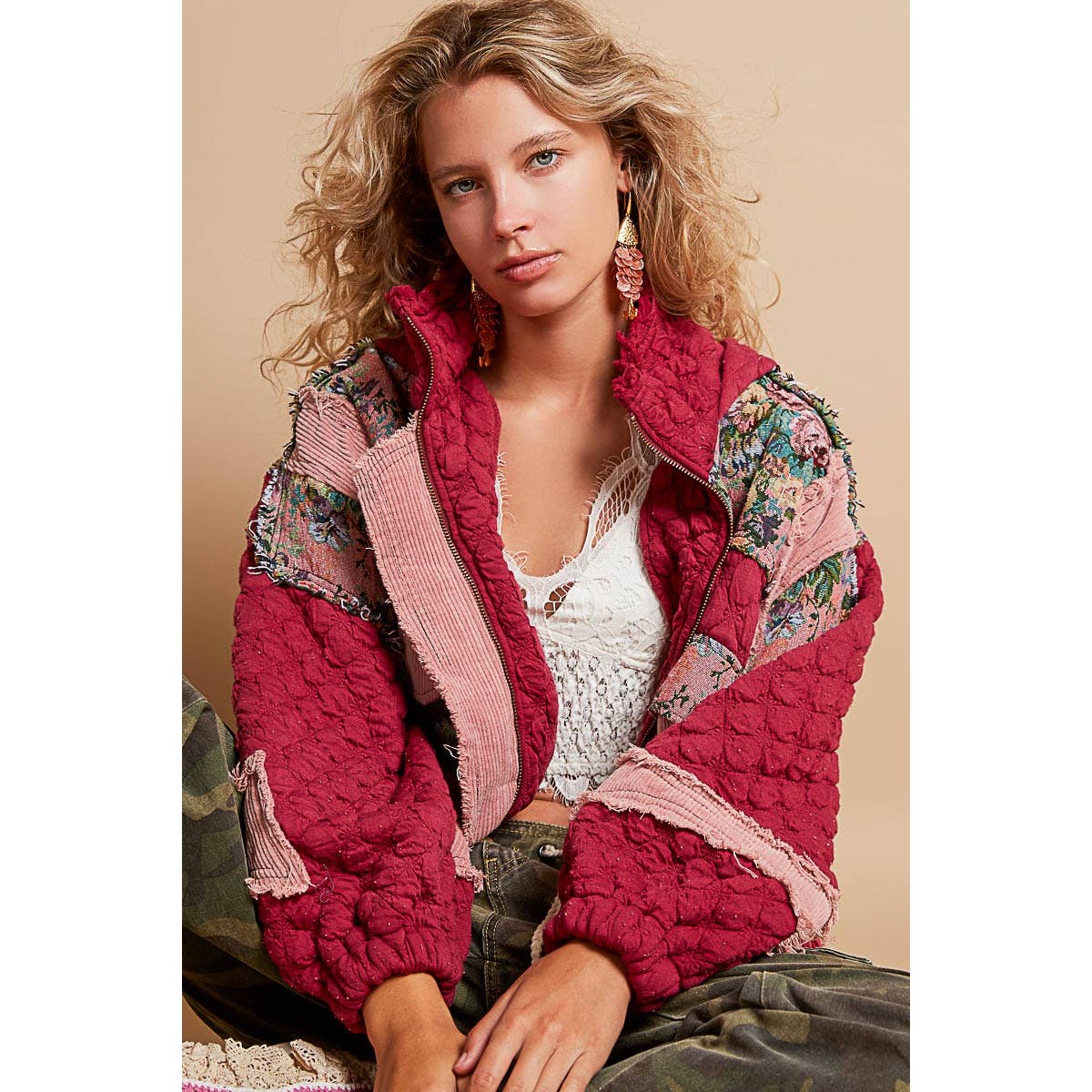 Oversize floral print contrast qulited jacket