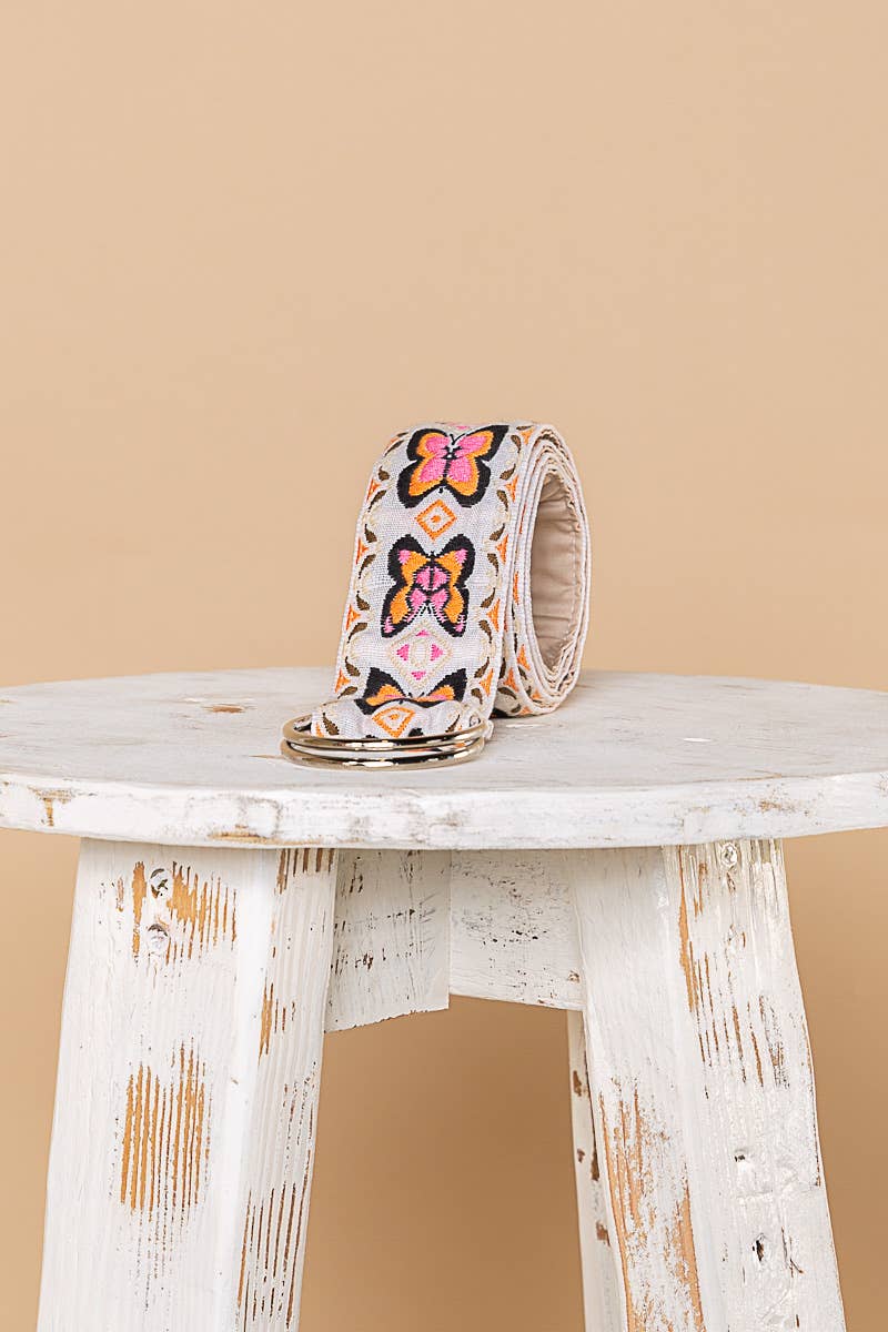 Embroidered butterfly pattern 'O' ring adjustable cloth belt