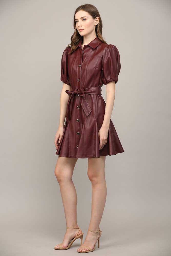 PANELLED FAUX LEATHER WAIST TIE PUFF SLEEVE FLARE DRESS