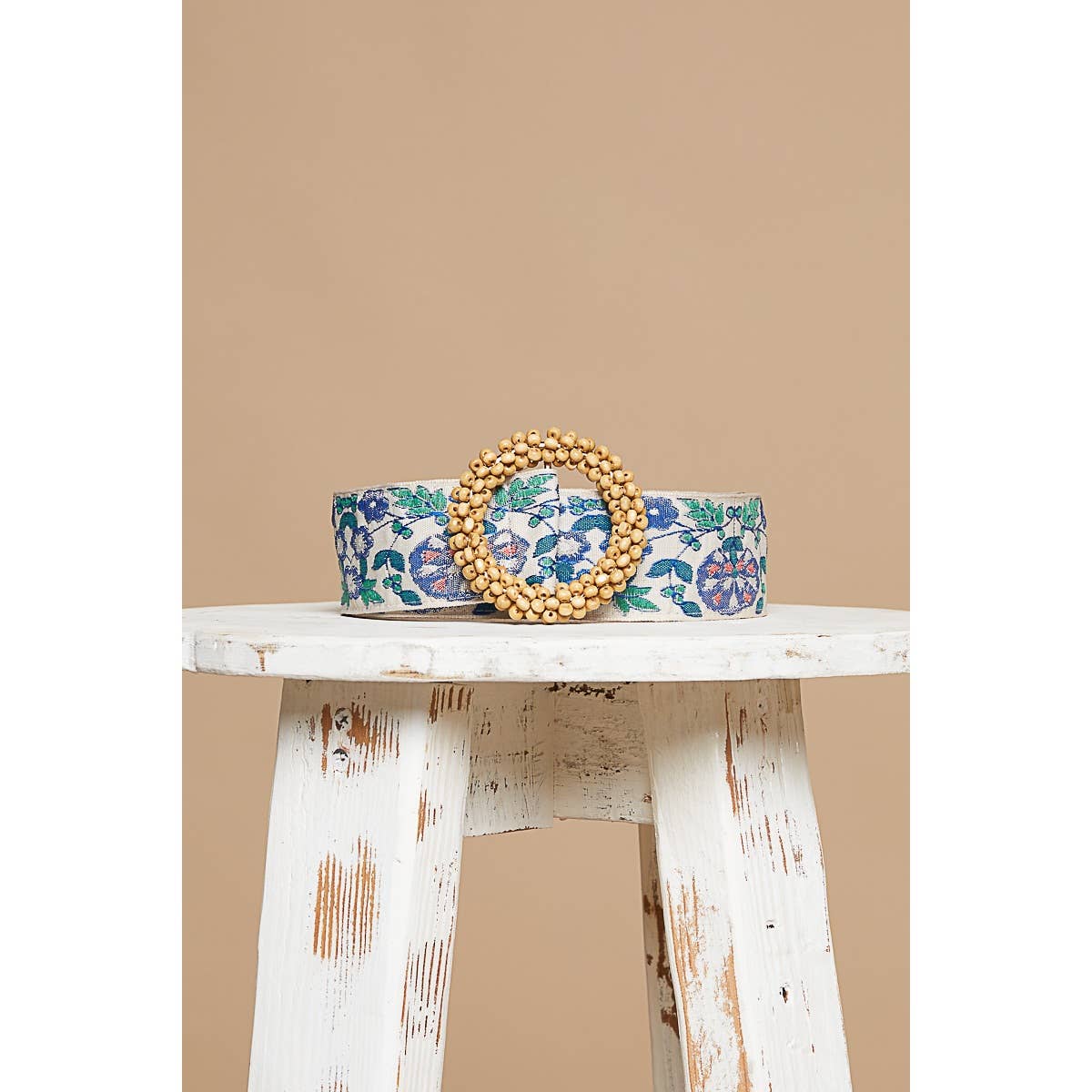 Blue floral print circular buckle belt