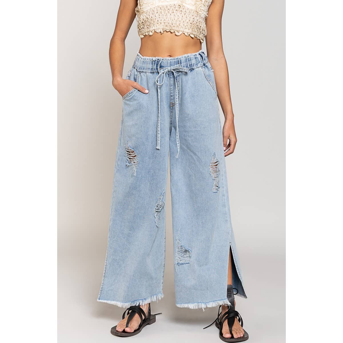 Wide leg drawstring elastic waist distressed denim pants