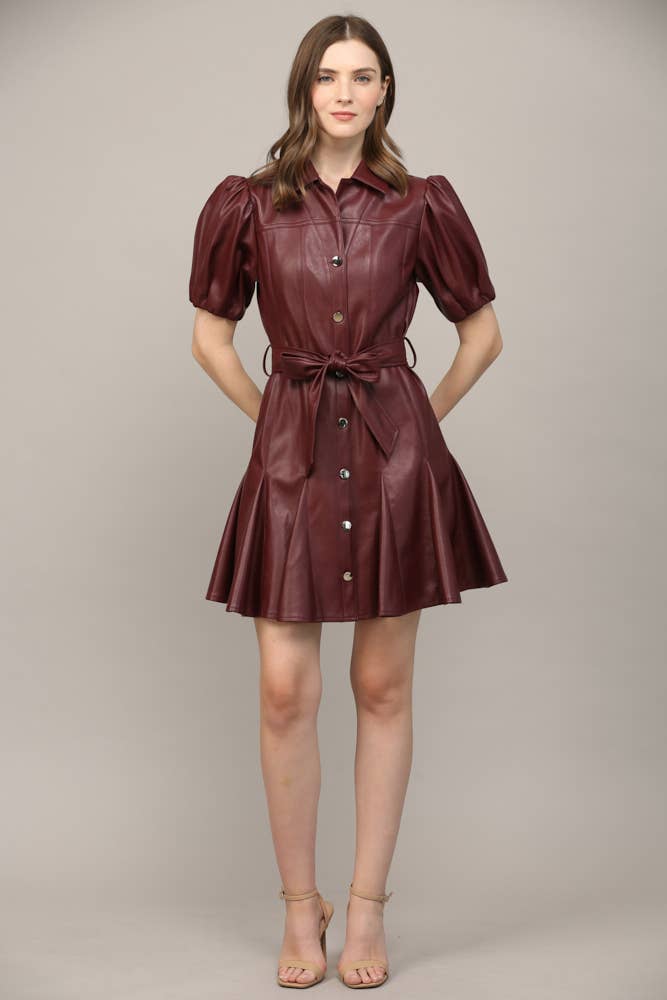 PANELLED FAUX LEATHER WAIST TIE PUFF SLEEVE FLARE DRESS