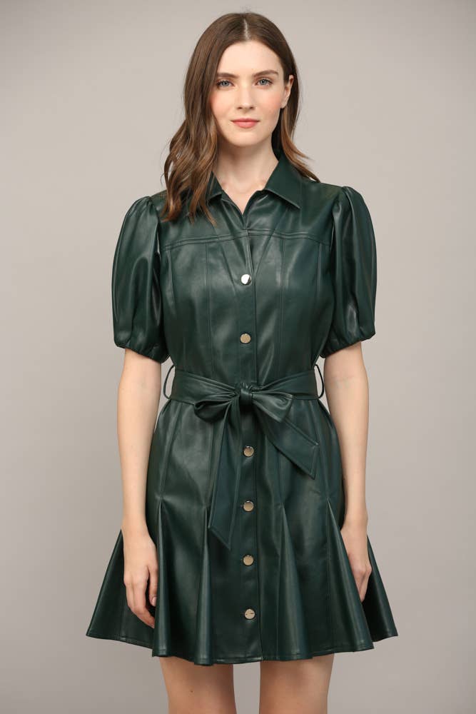 PANELLED FAUX LEATHER WAIST TIE PUFF SLEEVE FLARE DRESS