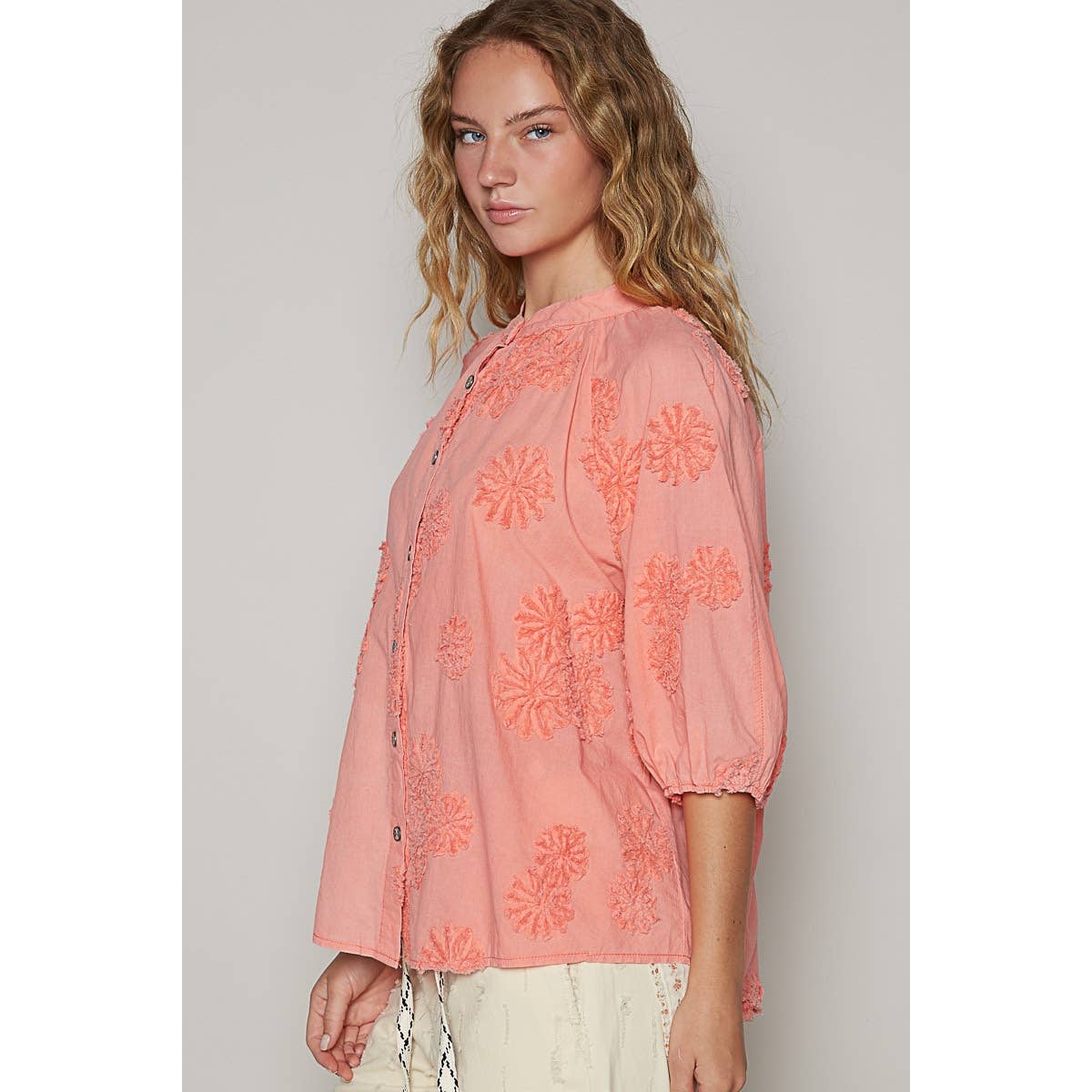 Floral embroidered short sleeve button down top