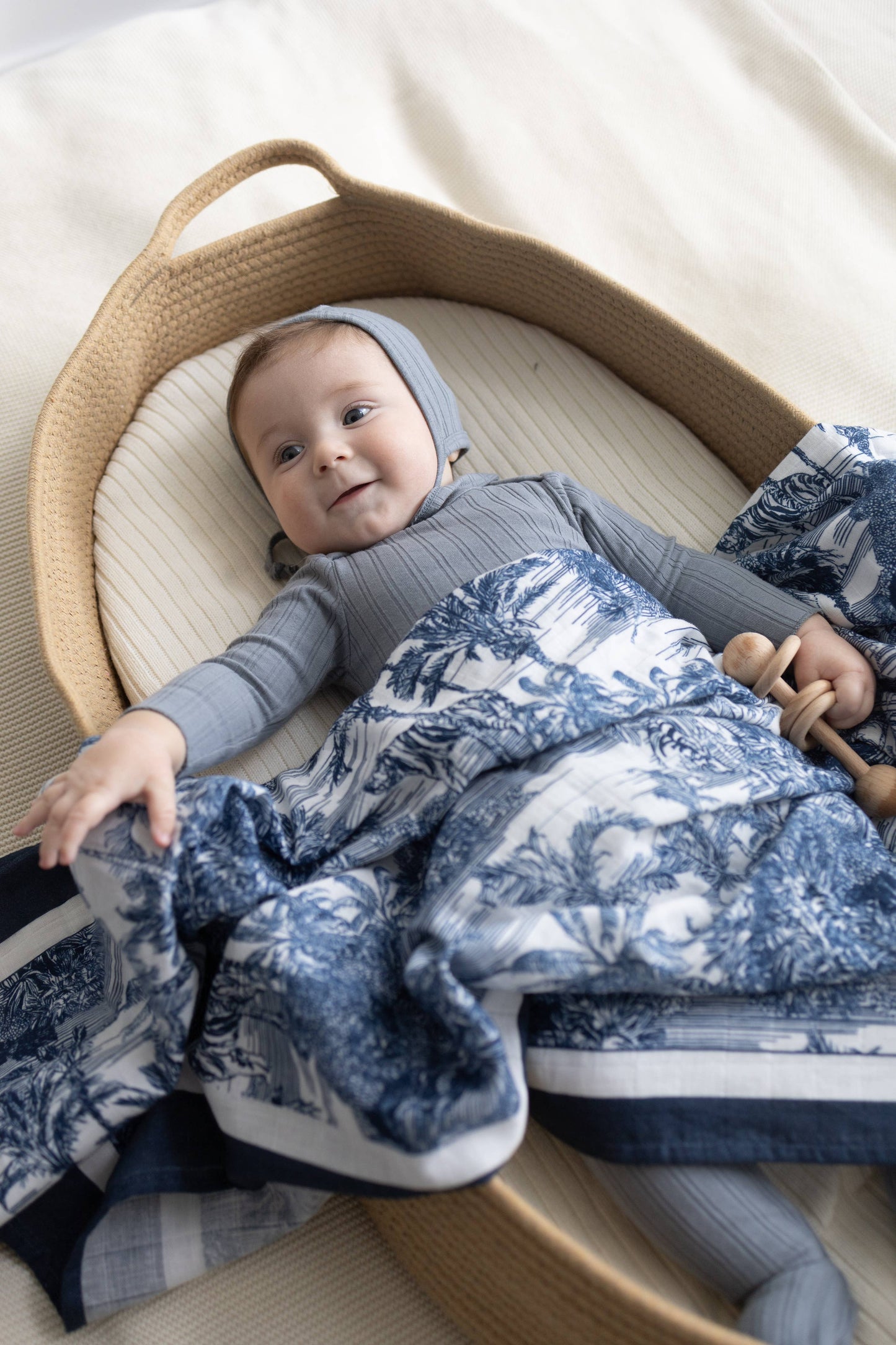 Blue Jungle Toile Muslin Blanket