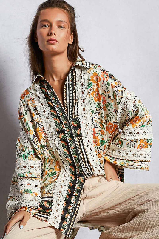 Balloon sleeve trim see-through floral printed shirt top