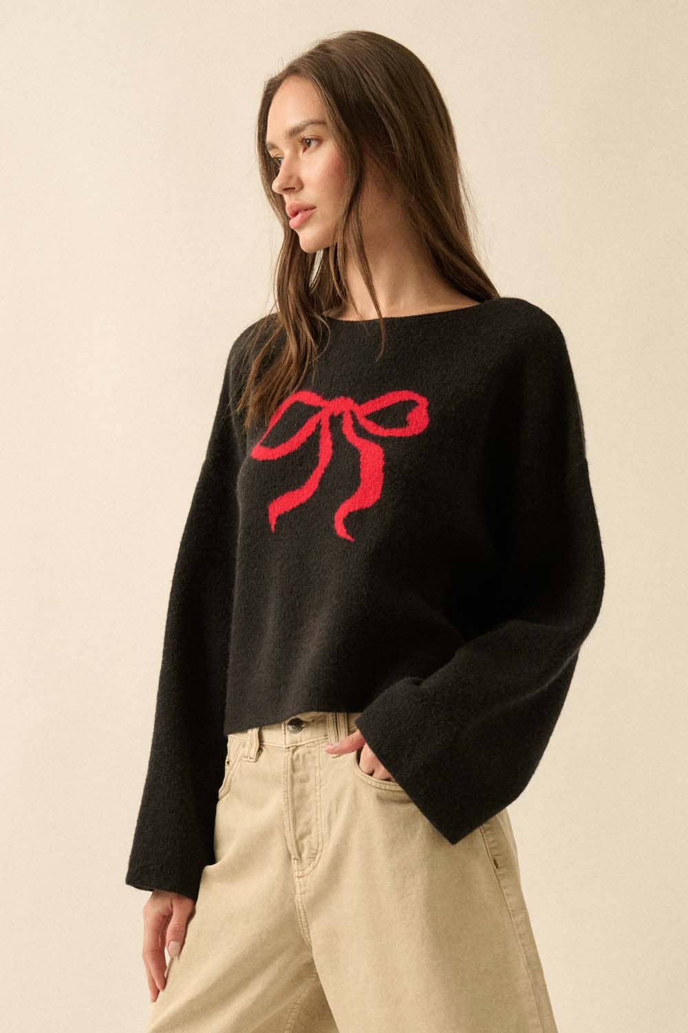 Solid Contrasting Ribbon-Bow Knit Sweater