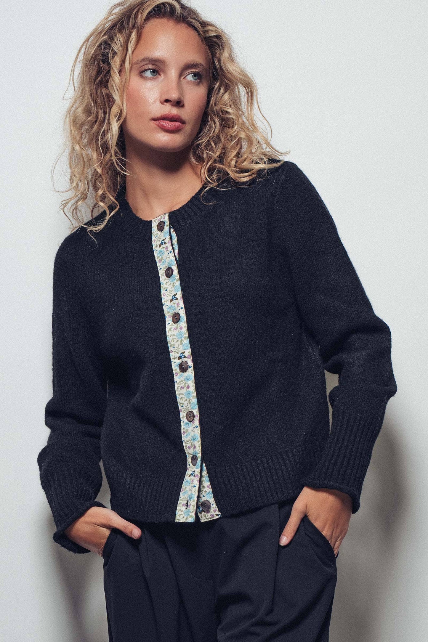 Floral Trim Wool Blend Cardigan