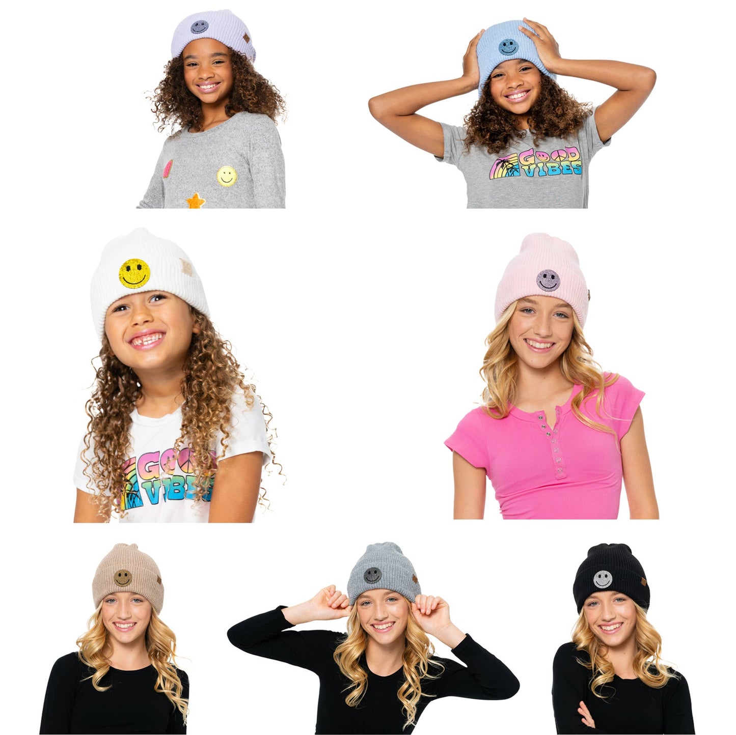 Solid Beanies with Happy Face Rhinestone Patch