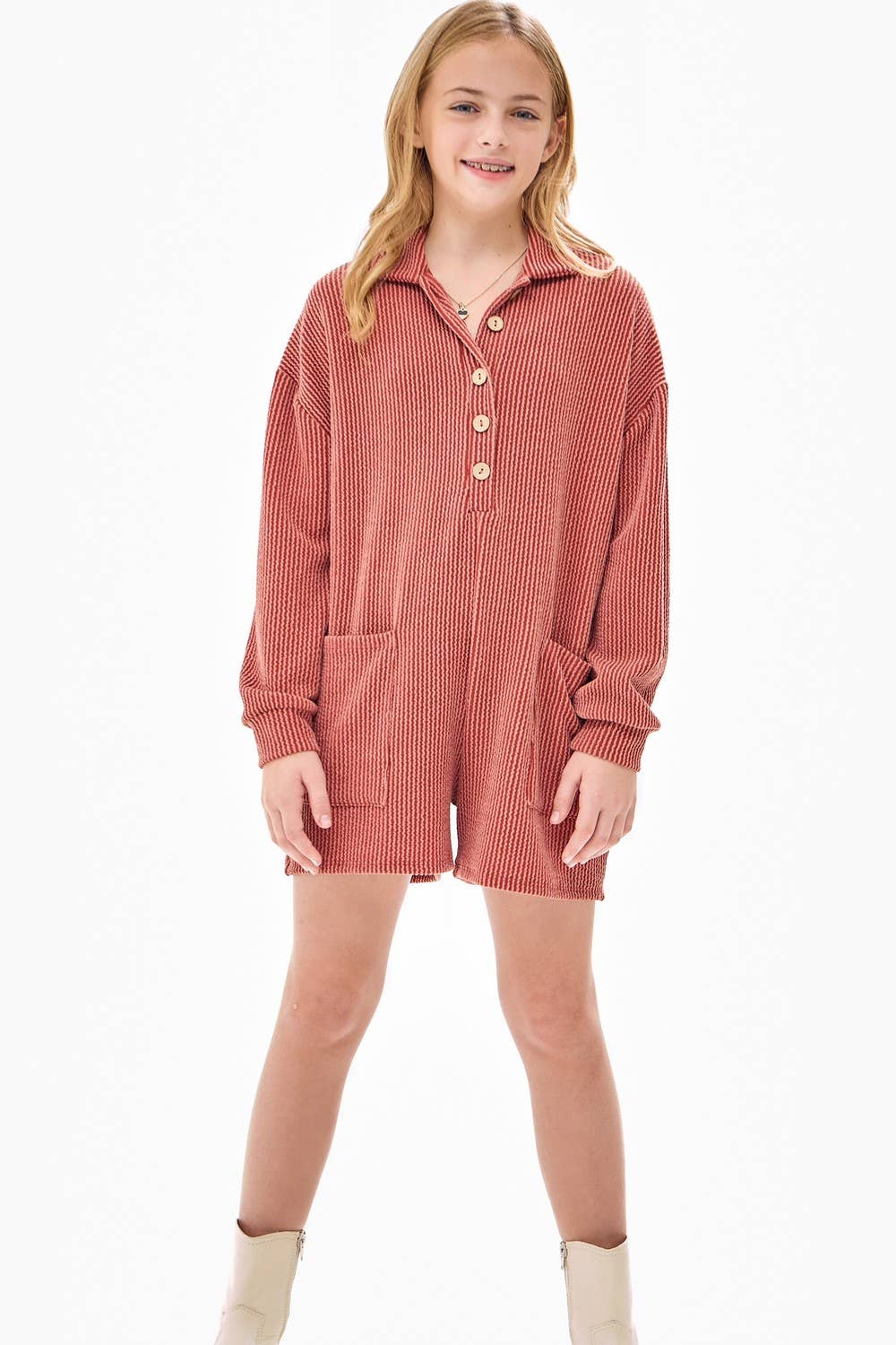 Embossed Rib Collared Button Up Romper