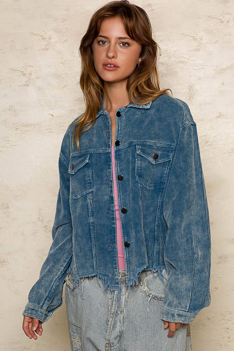 Pocket front button down distressed hem corduroy jacket SALE