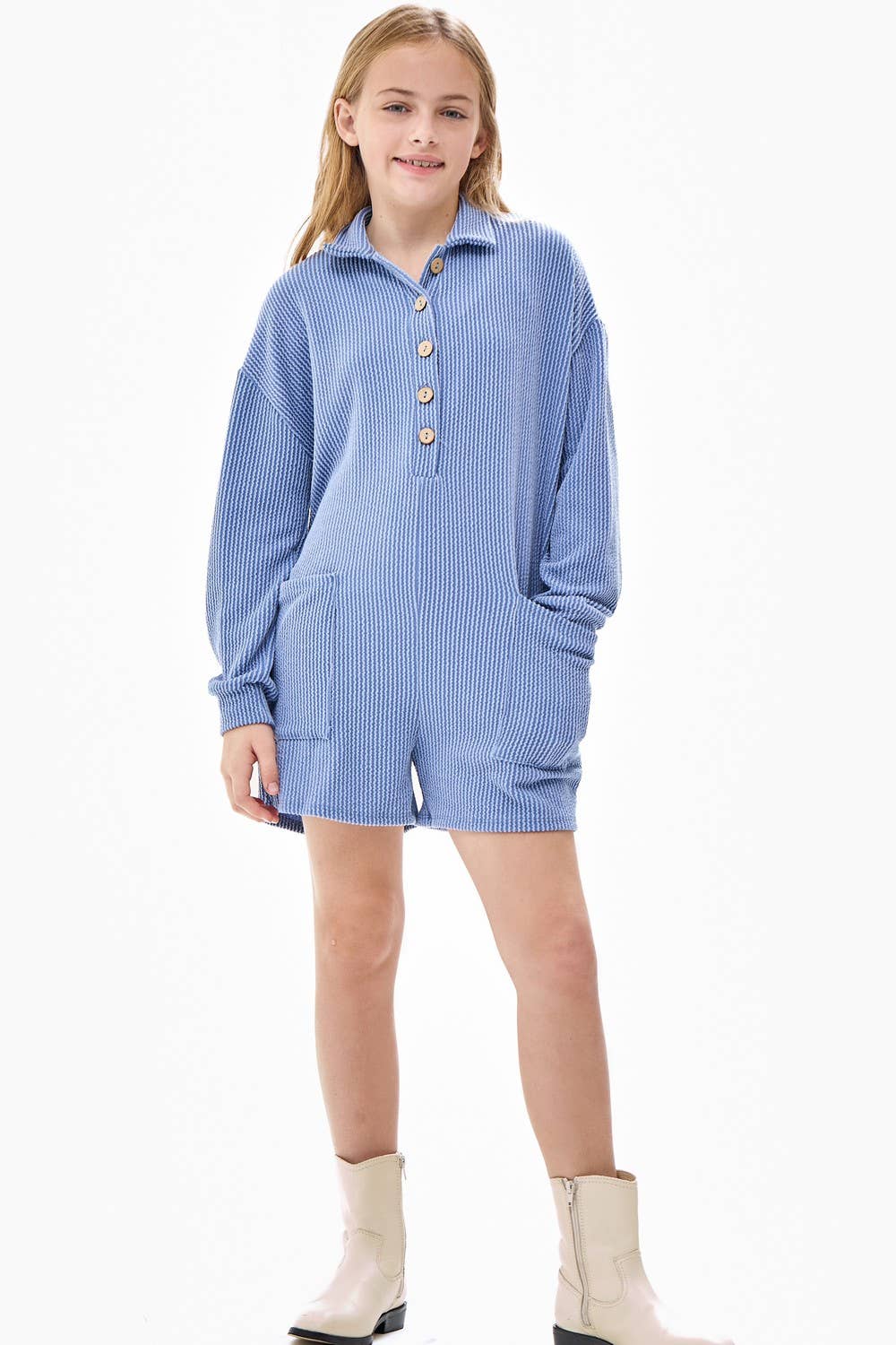 Embossed Rib Collared Button Up Romper