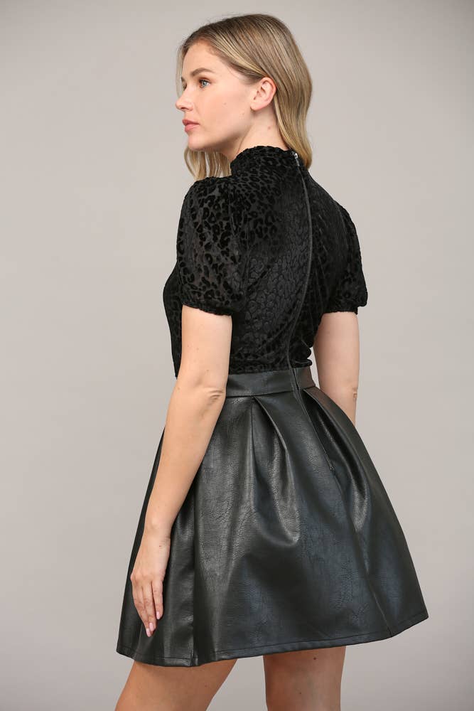 PLEAT DETAIL FAUX LEATHER FIT AND FLARE DRESS