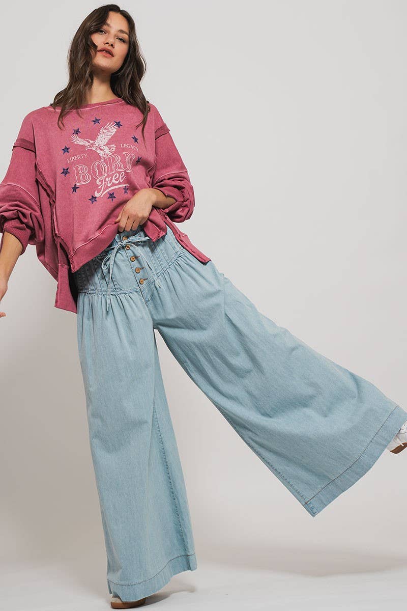 Pleated Wide-Leg Button Closure Pants
