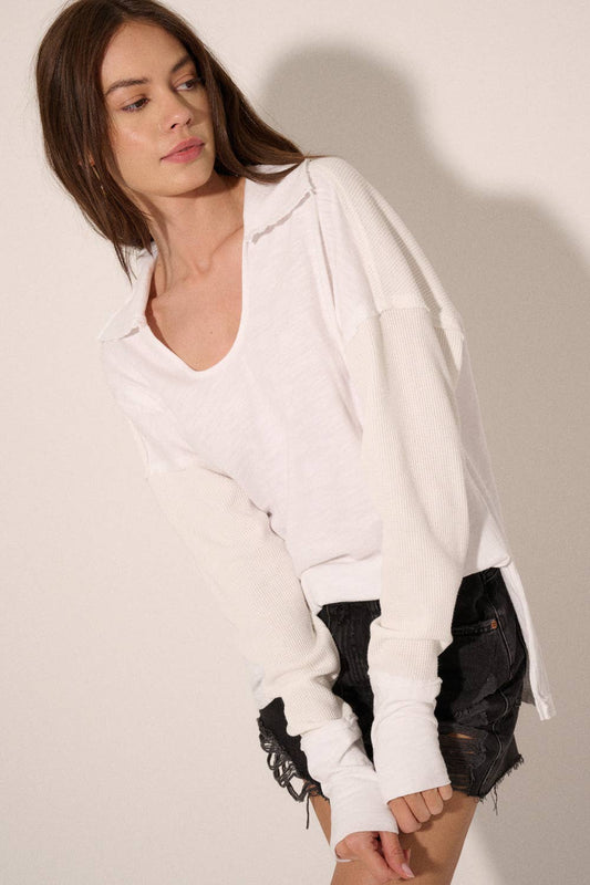 Mixed Media Slub Knit Collared Scoop Neck Top