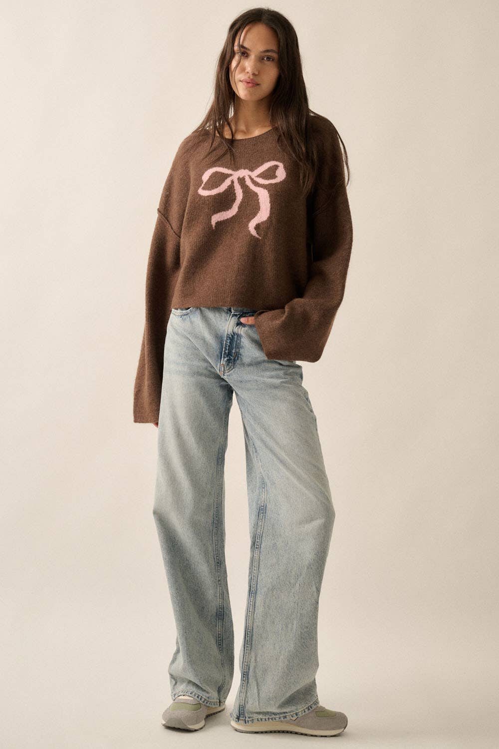 Solid Contrasting Ribbon-Bow Knit Sweater