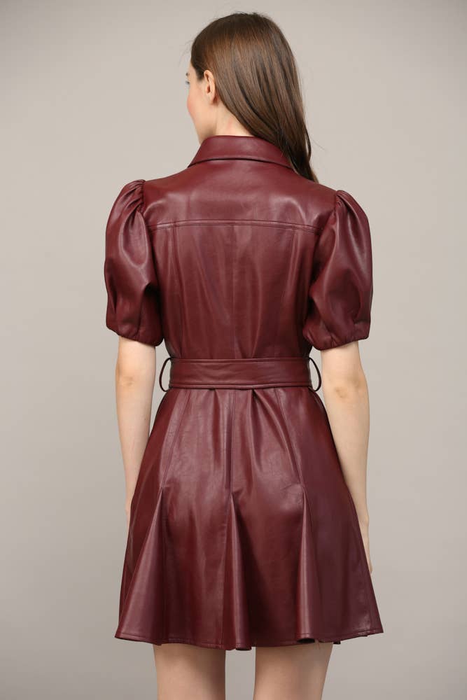 PANELLED FAUX LEATHER WAIST TIE PUFF SLEEVE FLARE DRESS