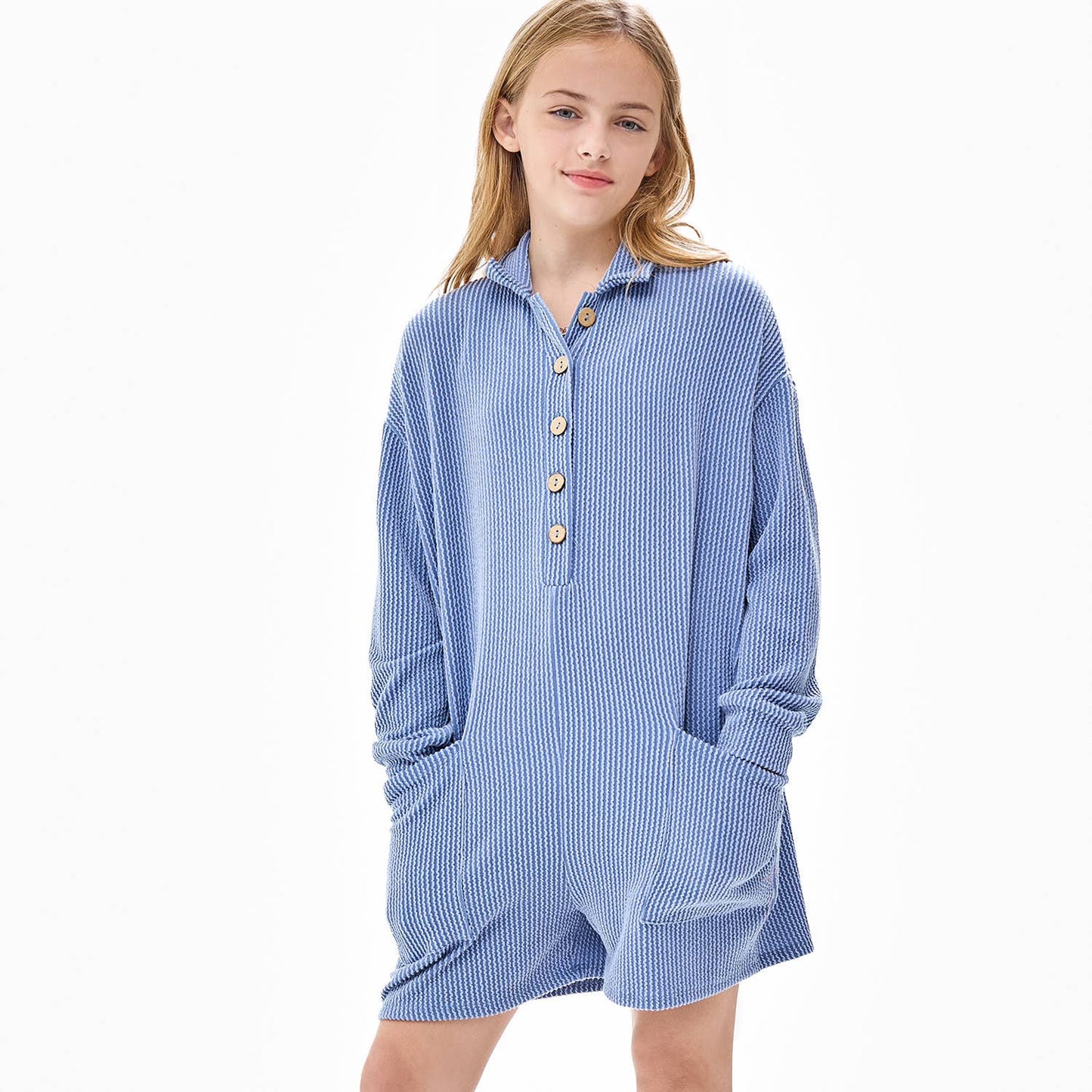 Embossed Rib Collared Button Up Romper