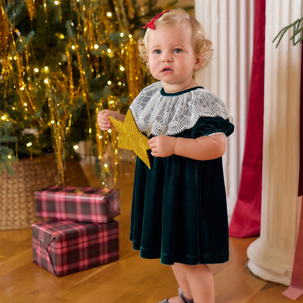 Baby Caroline Dress Set Evergreen Velour | Pink Chicken