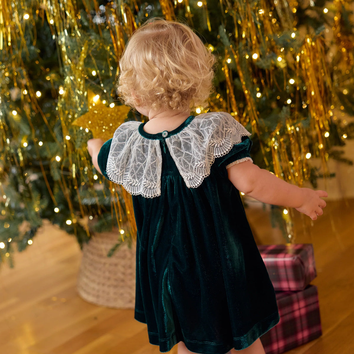 Baby Caroline Dress Set Evergreen Velour | Pink Chicken