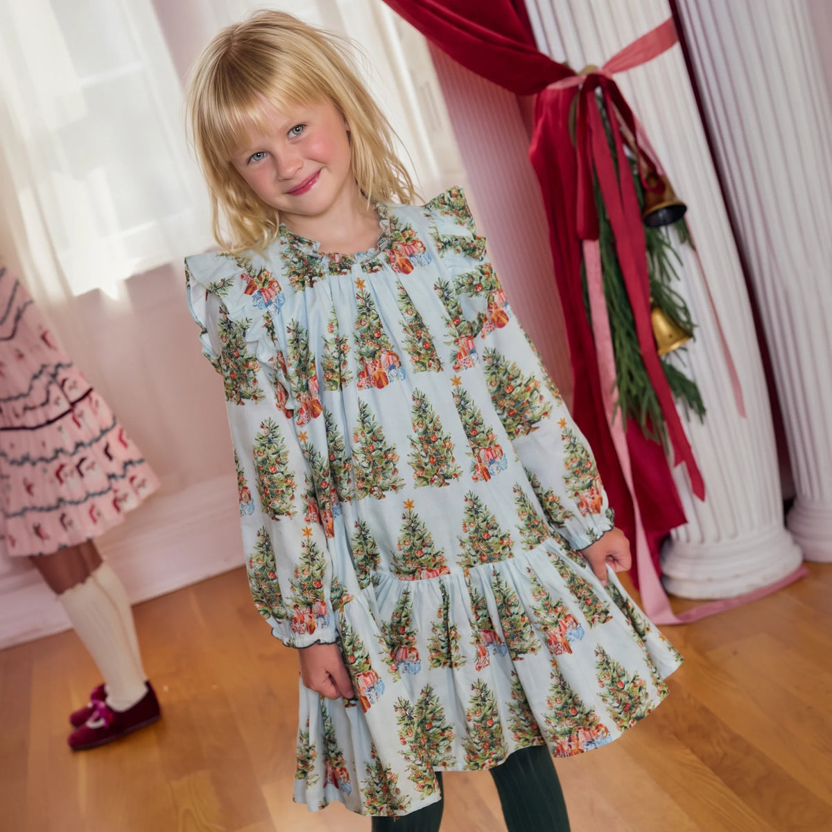 Harper Dress Trees & Presents - Pink Chicken