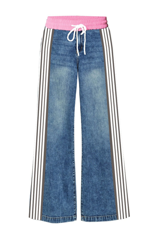 Denim Track Pant w/Pink waist and Side stripes - tractr