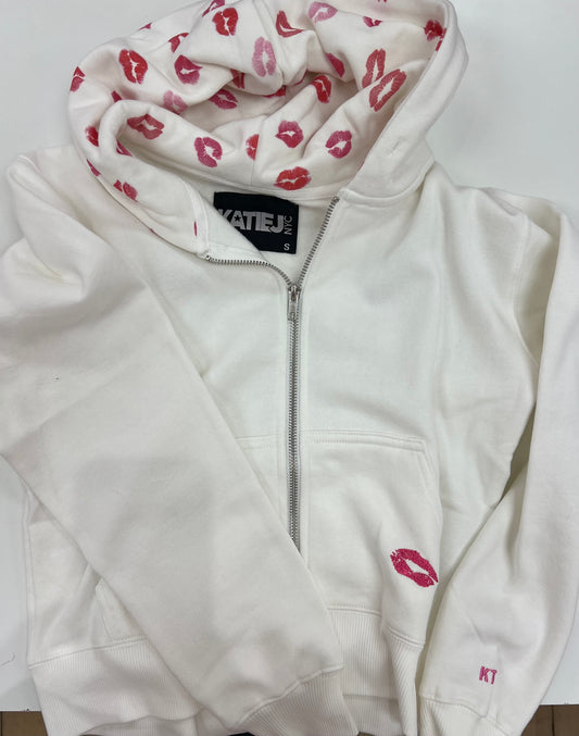 Cody Zip Hoodie White w Lipstick Kiss  - KatieJNYC