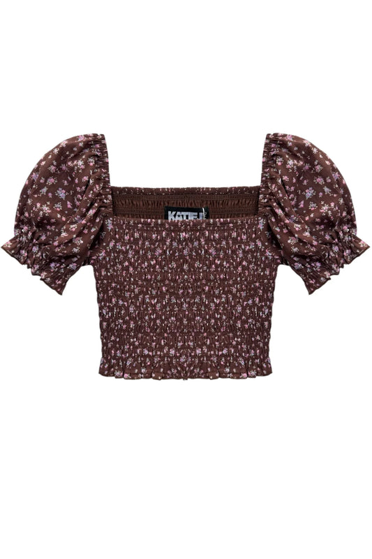 MARLEE PRINTED PUFF SLEEVE TOP in Choc Floral - KatieJ NYC