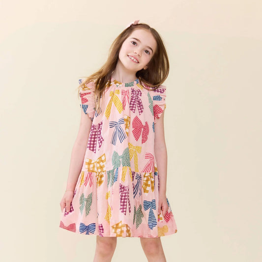 Harper Dress in patterned bows - Pink Chicken