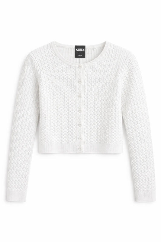 Rory Crewneck Cardigan Sweater in White - KatieJNYC