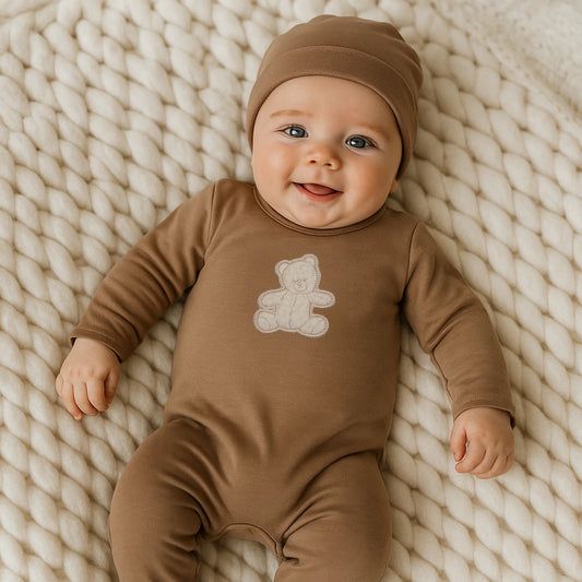 Sherpa Bear Footie and Beanie in Taupe by Maniere
