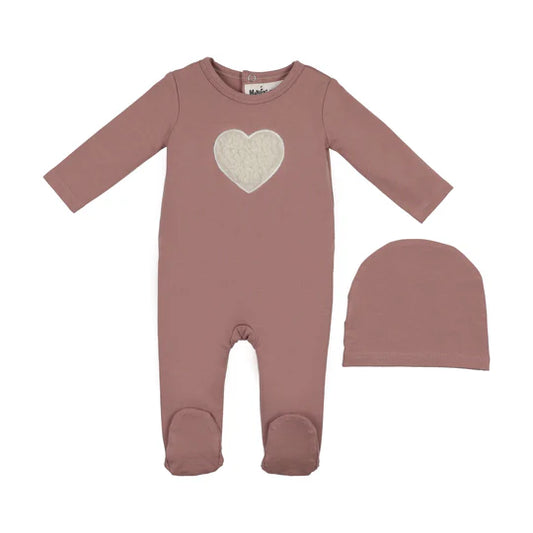 Sherpa Heart Footie and Beanie in Dusty Mauve by Maniere