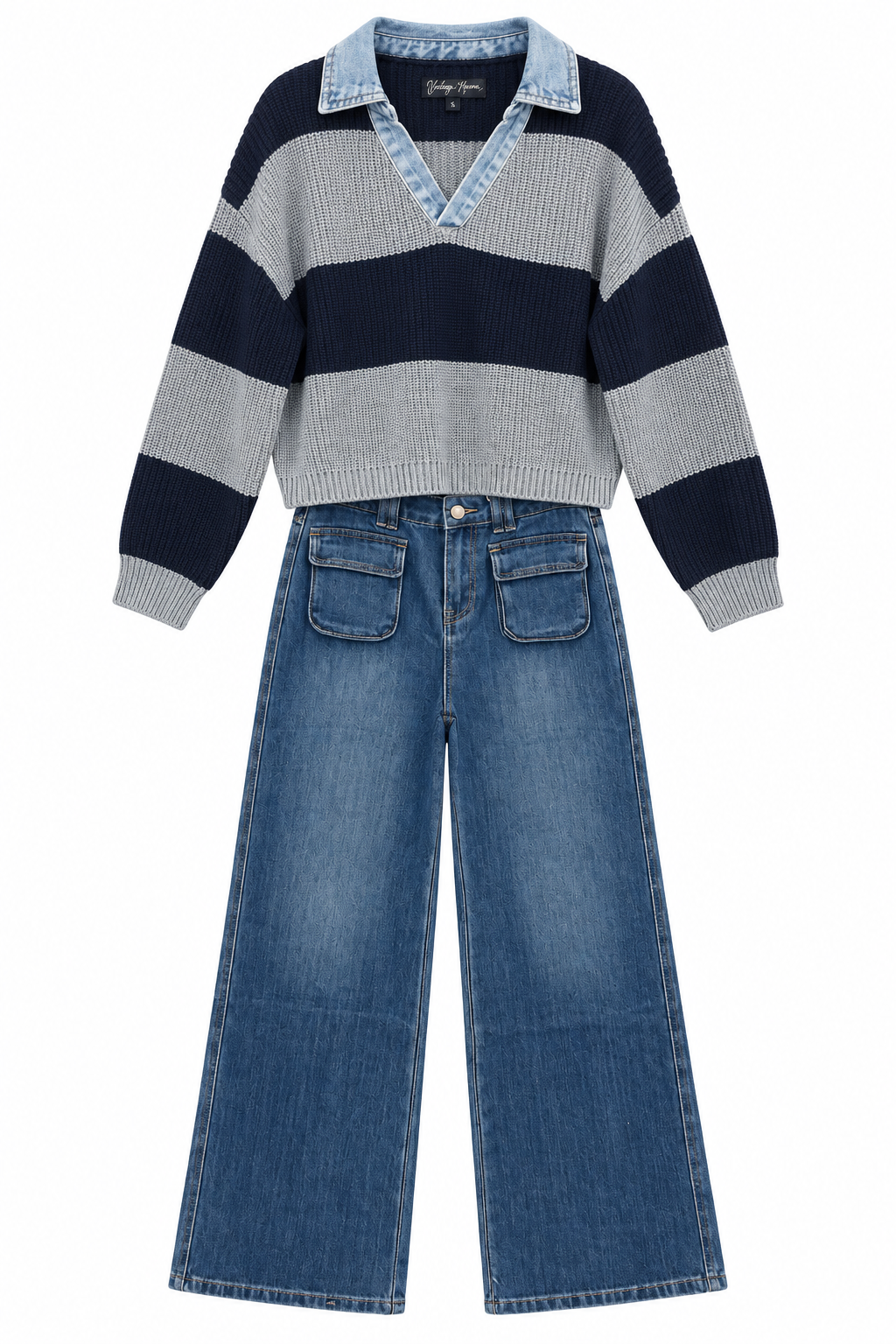 Denim Collar Striped Sweater in Heather Grey & Navy | Vintage Havana