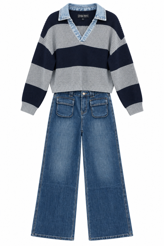 Denim Collar Striped Sweater in Heather Grey & Navy | Vintage Havana