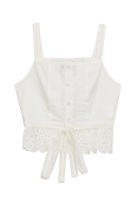 Tween Waverly Linen Eyelet Detail Cami Top in White - KatieJNYC