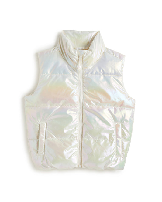 GIRLS-METALLIC CROPPED PUFFER VEST WITH PULL TAB