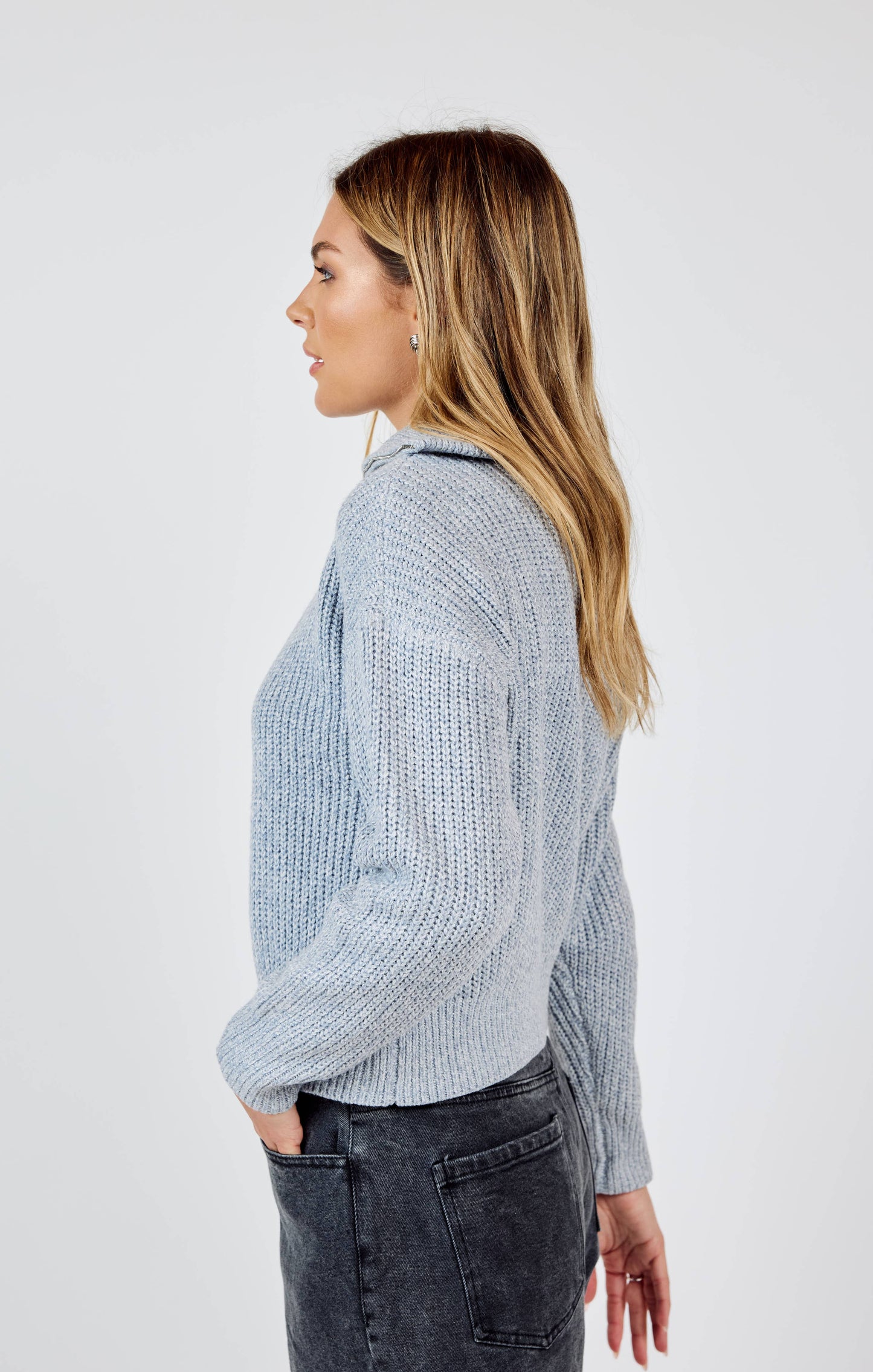 Abbie Zip Sweater With Wide Rib Collar - GREY