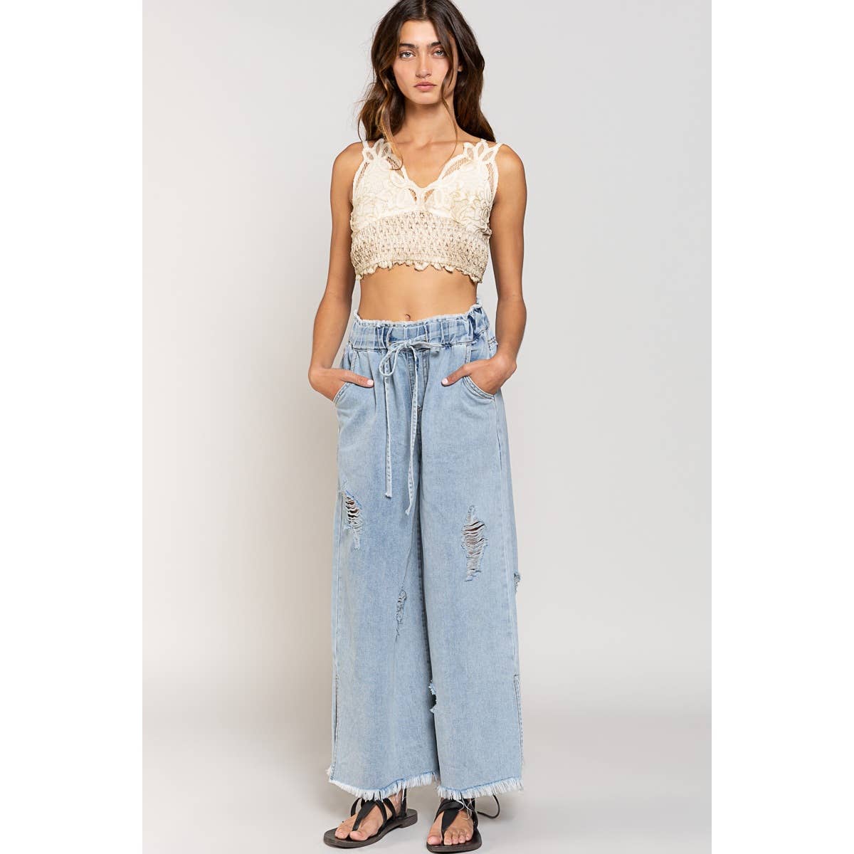 Wide leg drawstring elastic waist distressed denim pants