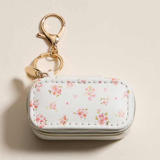 Pink Floral Travel Jewelry Case Keychain – Mini Zipper Organizer with Ring Holder