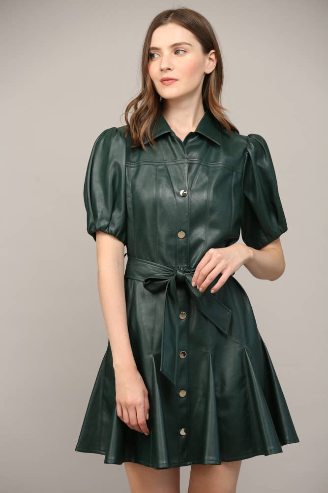 PANELLED FAUX LEATHER WAIST TIE PUFF SLEEVE FLARE DRESS