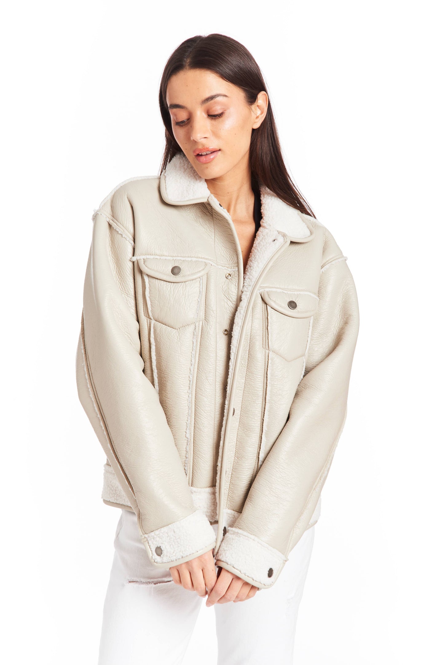 WOMEN-REVERSIBLE SHERPA BUTTON DOWN JACKET