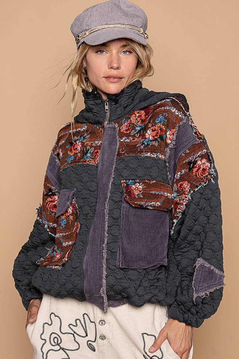 Oversize floral print contrast qulited jacket