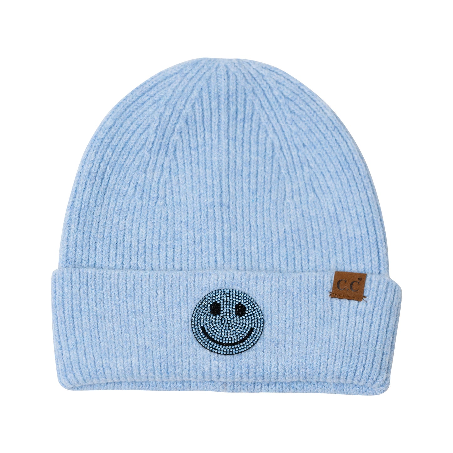 Solid Beanies with Happy Face Rhinestone Patch