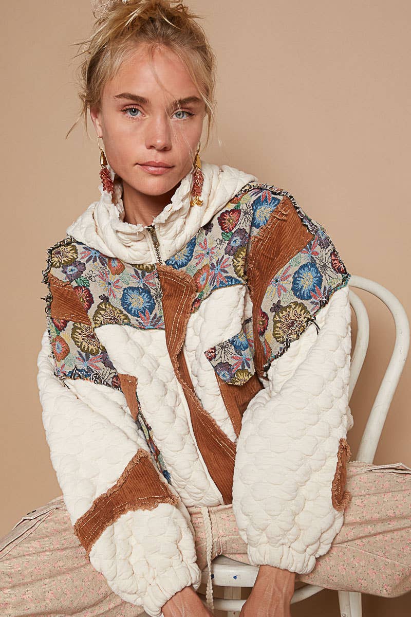 Oversize floral print contrast qulited jacket