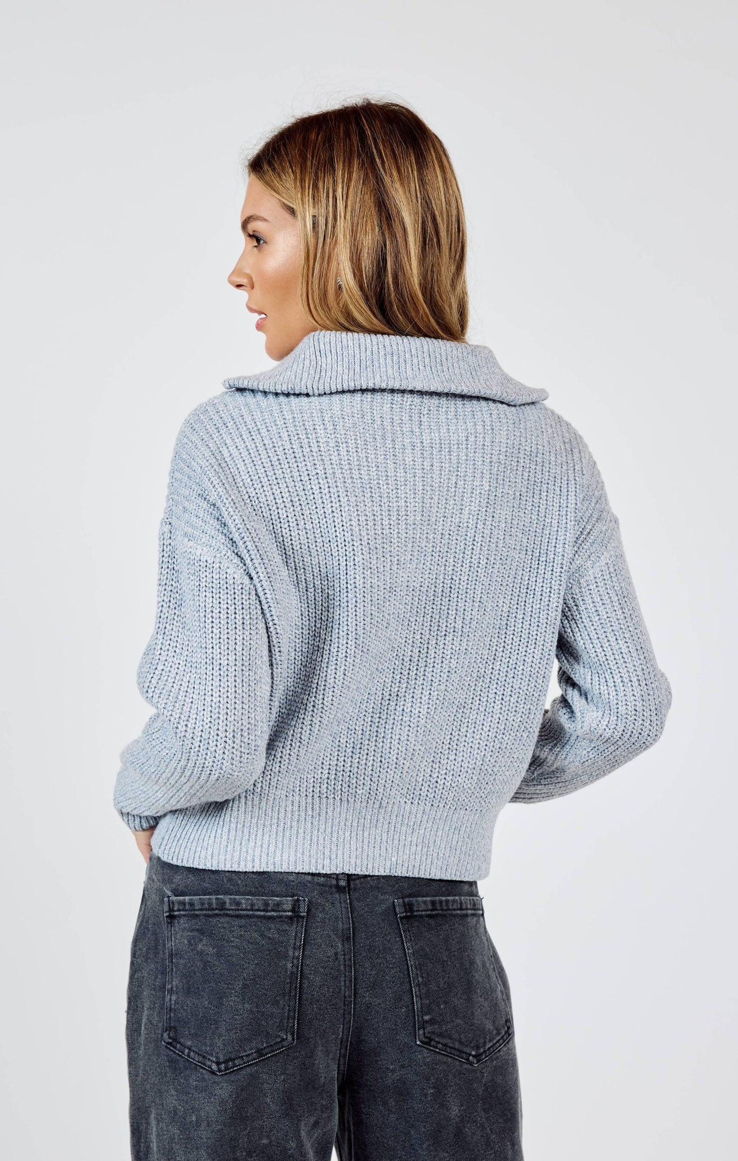 Abbie Zip Sweater With Wide Rib Collar - GREY