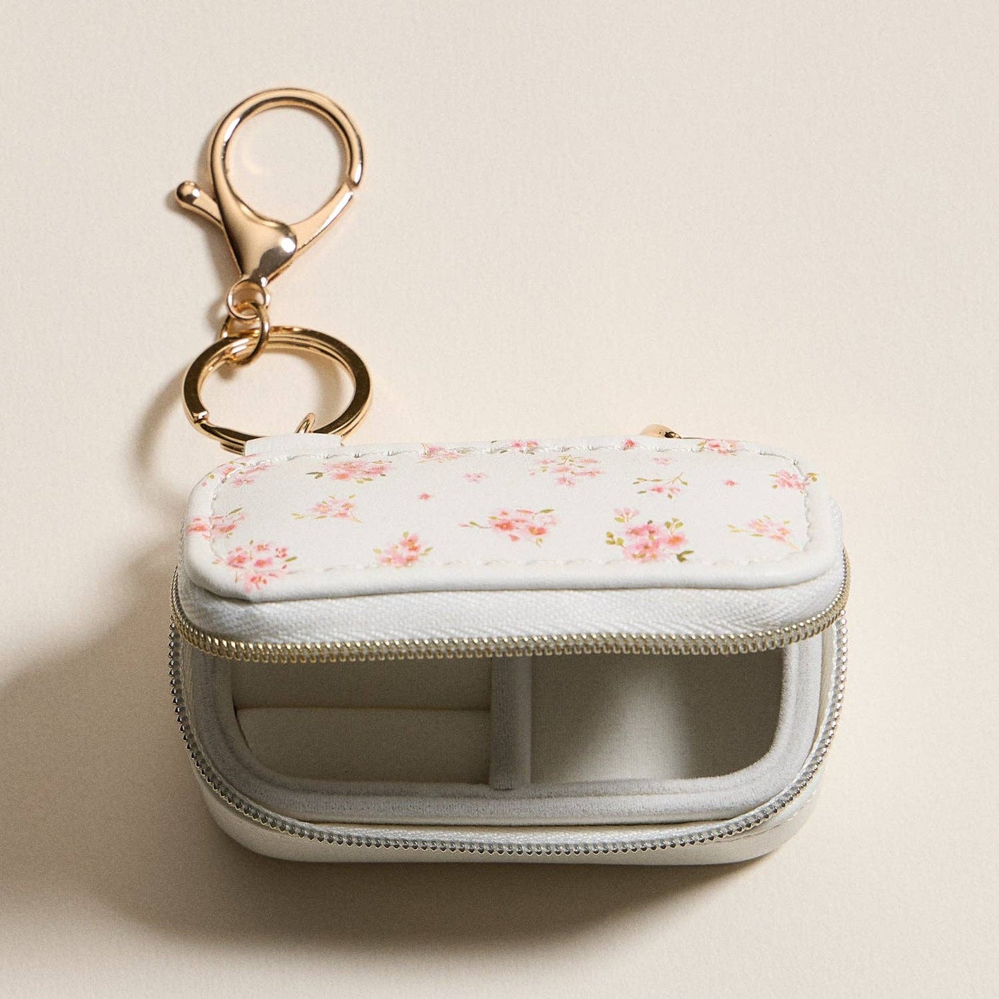 Pink Floral Travel Jewelry Case Keychain – Mini Zipper Organizer with Ring Holder