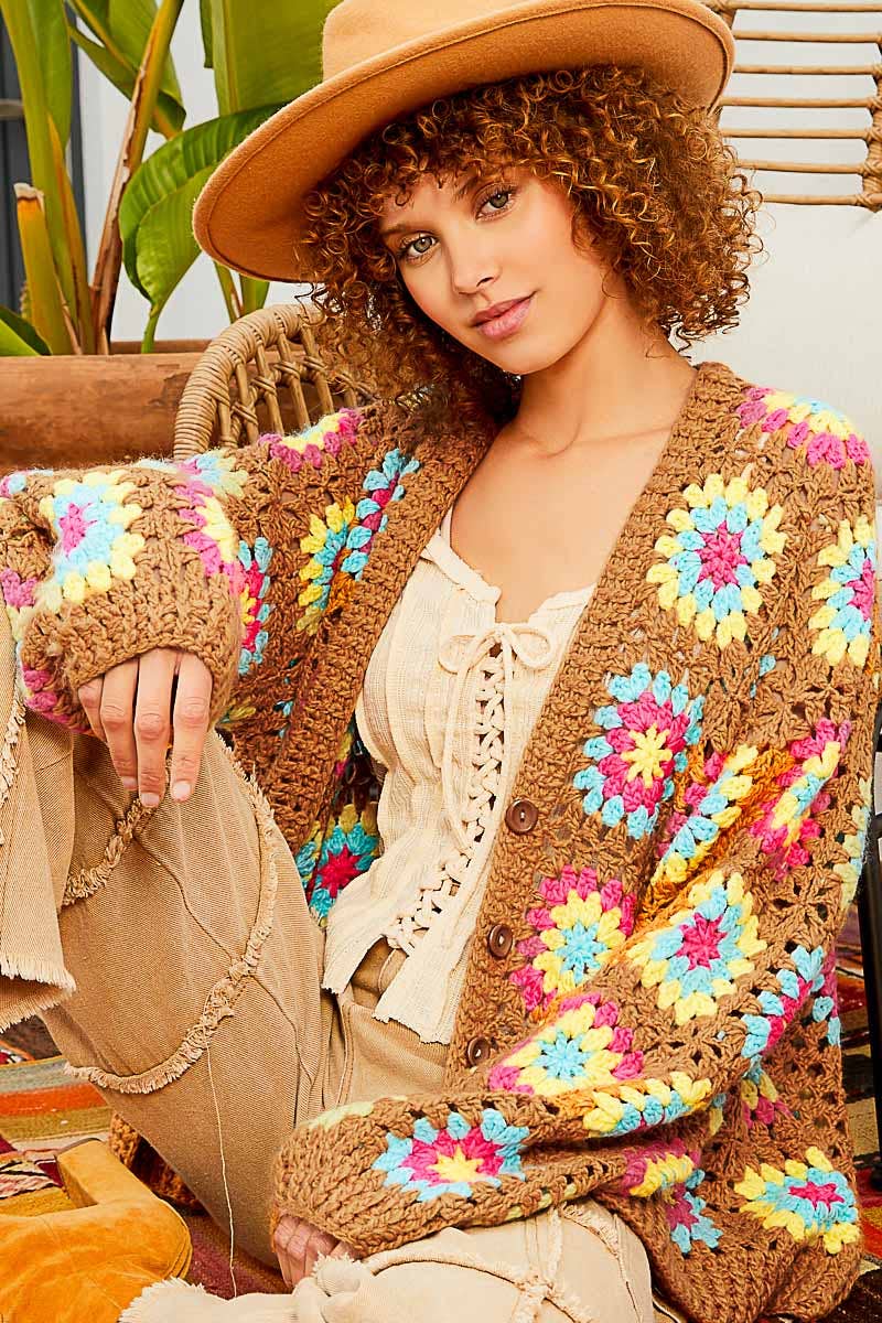 Button hand knit granny square patch cardigan sweater