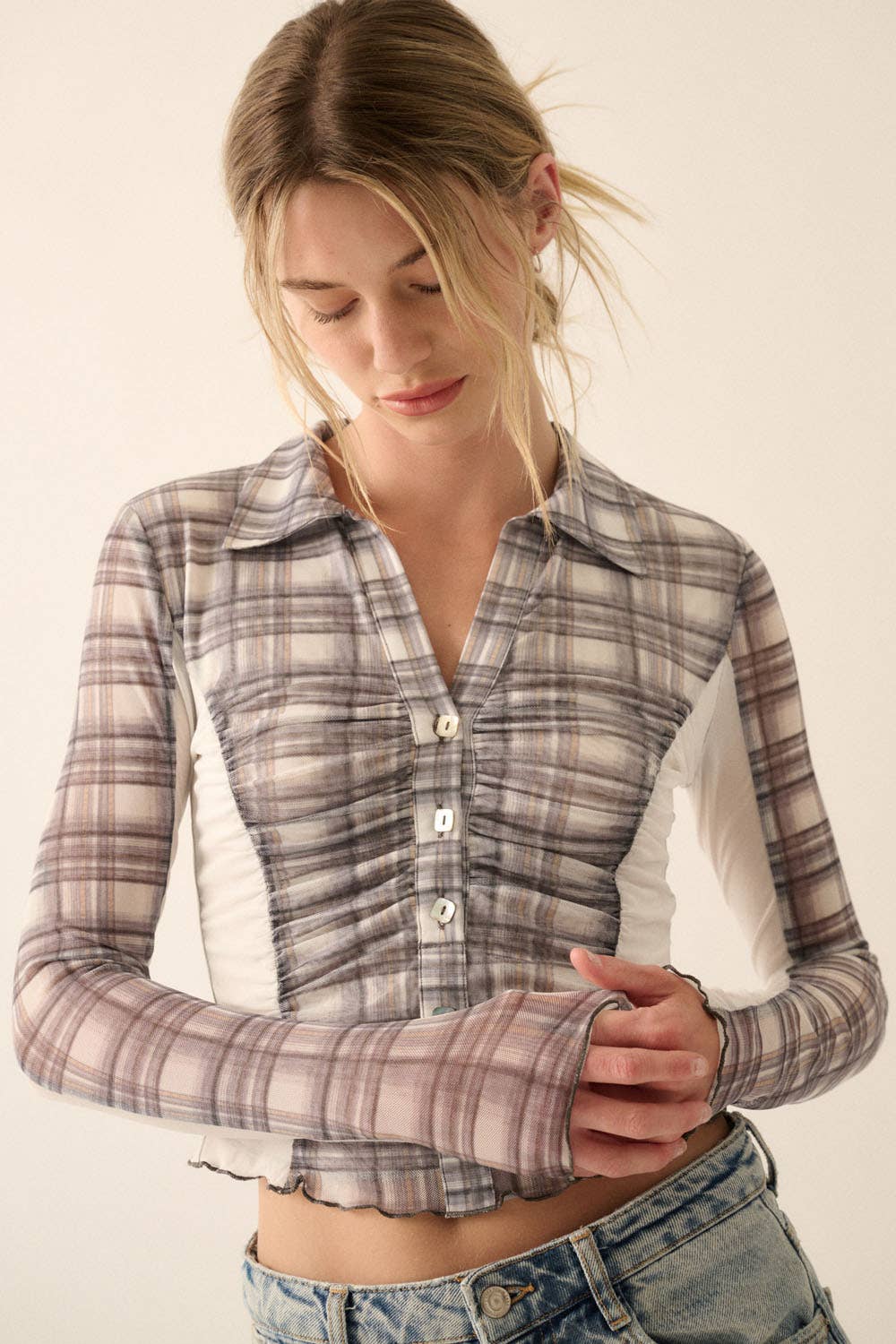 Plaid Woven Mesh Cropped Shirt