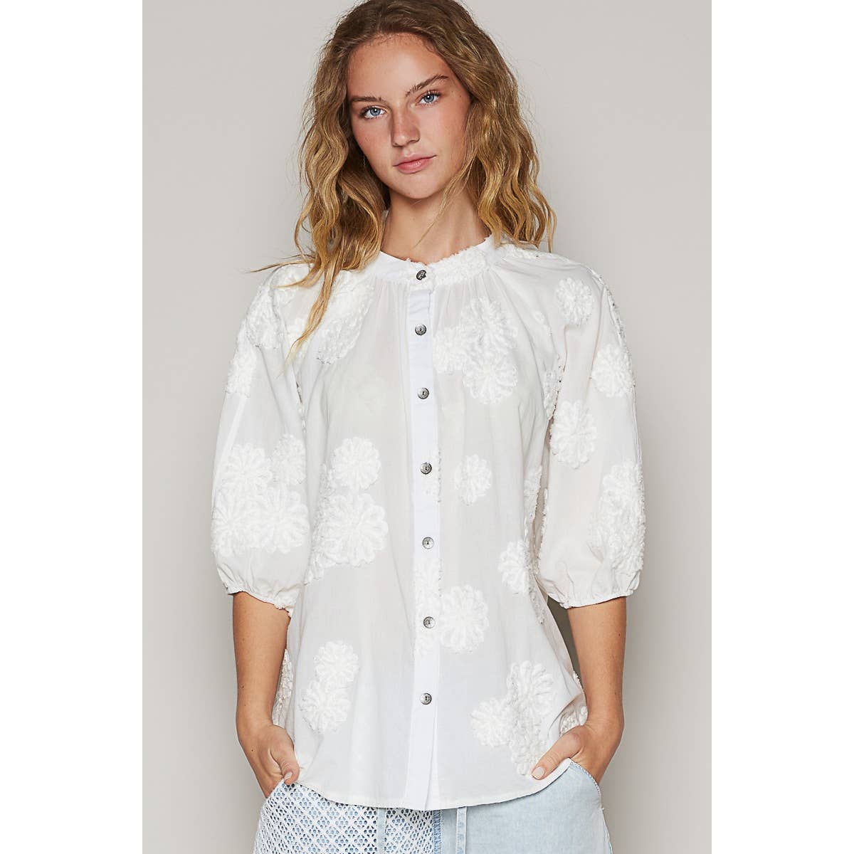 Floral embroidered short sleeve button down top